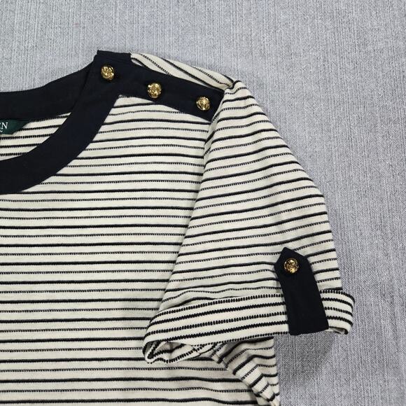 Lauren Ralph Lauren Wom LG Tee Black Striped Gold Buttons Classic Timeless Chic - Picture 6 of 11